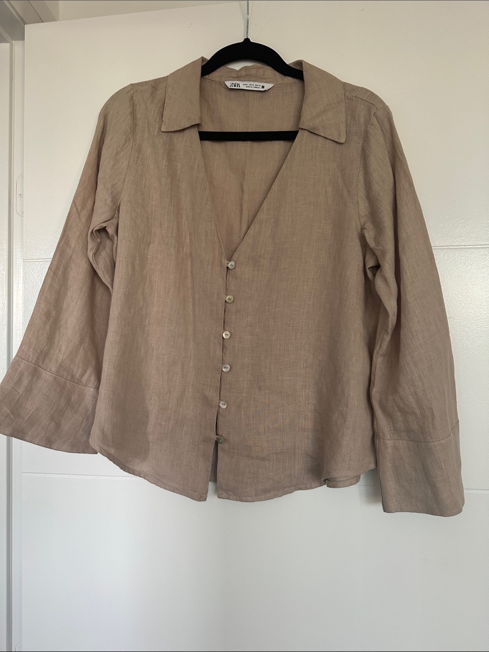 Zara Beige V-Neck Linen Button-Front Shirt